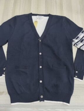 Thom Browne Navy V-Neck Cardigan with Contrast Check Sleeve